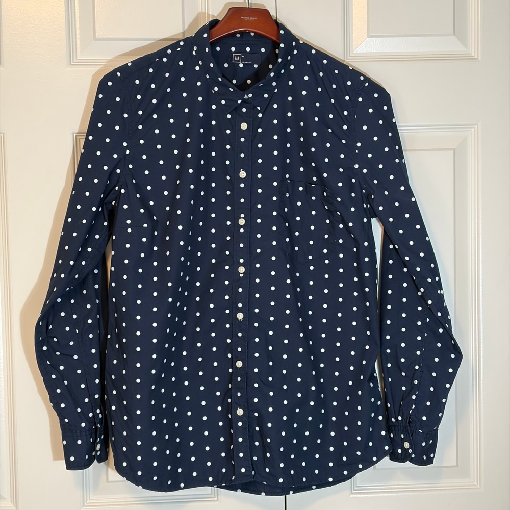 Gap Navy Polka Dot Long Sleeve Button Down Cotton Shirt Womens XL
